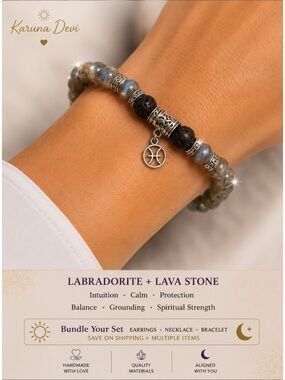Labradorite Genuine Stone & Lava Bead Bracelet Stretch Unisex